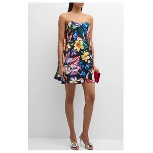 Marchesa Notte Floral-Print Strapless Cape Mini Dress